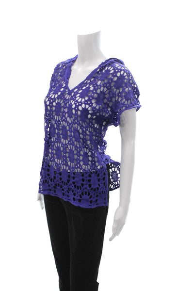 Trina Turk Women Purple Bohemian V-Neck Short Sleeve Cotton Top Size PP