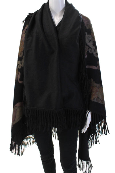 Loro Piana Womens Floral Print Fringe Trim Scarf Black Multi Colored