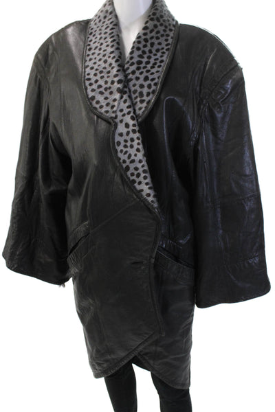 Marc Buchanan Women Black Leather Animal Print Overcoat Long Sleeve Size 10