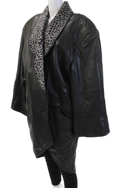 Marc Buchanan Women Black Leather Animal Print Overcoat Long Sleeve Size 10