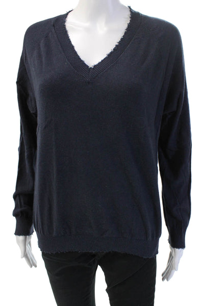 Minnie Rose Unisex Dark Blue V Neck Pullover Cotton Cashmere Long Sleeve Size M