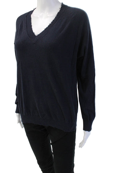 Minnie Rose Unisex Dark Blue V Neck Pullover Cotton Cashmere Long Sleeve Size M