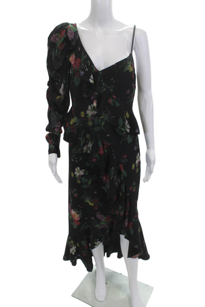 AMUR Women Maxi Dress Black Floral V-Neck Zip Mid-Calf Size 8