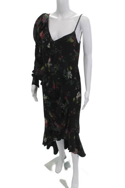 AMUR Women Maxi Dress Black Floral V-Neck Zip Mid-Calf Size 8