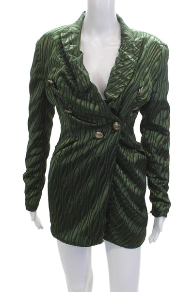 Retrofete Women Striped Green Blazer Romper V-Neck Button Long Sleeve Size M