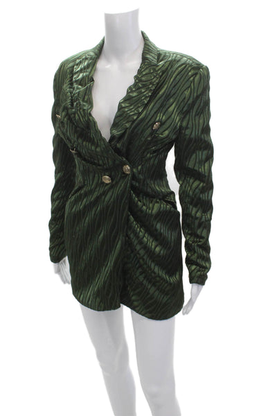 Retrofete Women Striped Green Blazer Romper V-Neck Button Long Sleeve Size M