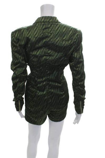 Retrofete Women Striped Green Blazer Romper V-Neck Button Long Sleeve Size M