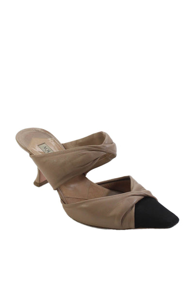 Aquazzura Womens Leather Pointed Toe Twisted Strap Mules Beige Size 7.5