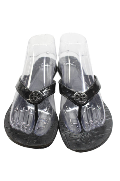 Tory Burch Womens Patent Leather Slip-On Thong Flat Flip-Flops Black Size 9