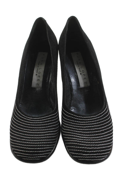 Pura Lopez Womens Striped Round Toe Pump Slip-On High Heels Black Size 9