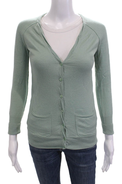 J Crew Womens Cardigan 100% Merino Wool V Neck Button Green Long Sleeve Size XS