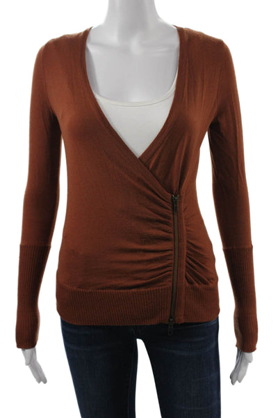 J Crew Womens Brown Merino Wool V Neck Zip Cardigan Size XS