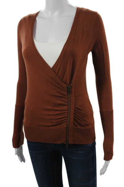 J Crew Womens Brown Merino Wool V Neck Zip Cardigan Size XS