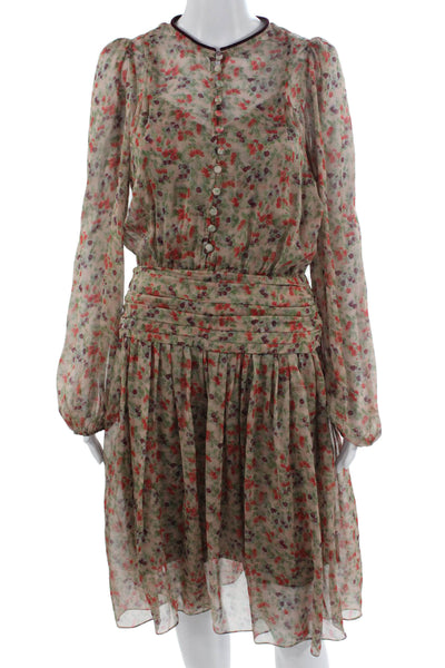 Paola Zuin Women Shirt Dress Beige Silk Floral Long Sleeve Knee Length Size 40