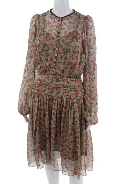Paola Zuin Women Shirt Dress Beige Silk Floral Long Sleeve Knee Length Size 40