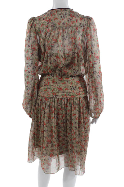 Paola Zuin Women Shirt Dress Beige Silk Floral Long Sleeve Knee Length Size 40