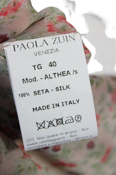 Paola Zuin Women Shirt Dress Beige Silk Floral Long Sleeve Knee Length Size 40