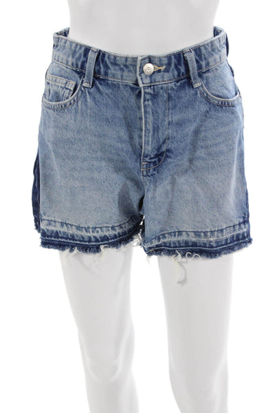 Zara Unisex Blue Cotton Solid 90s Button Shorts Size 2