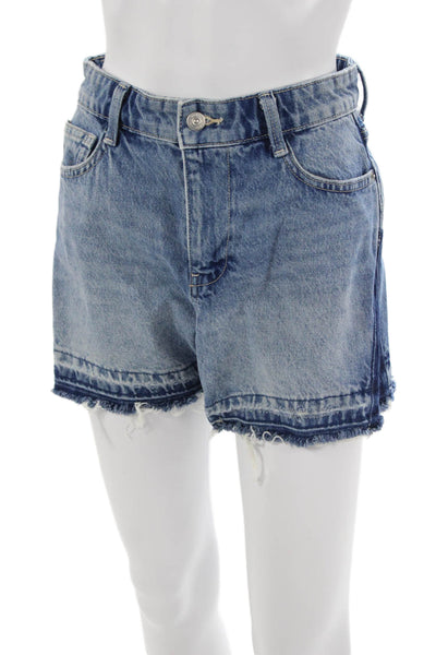 Zara Unisex Blue Cotton Solid 90s Button Shorts Size 2
