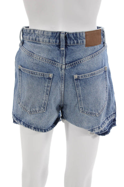Zara Unisex Blue Cotton Solid 90s Button Shorts Size 2