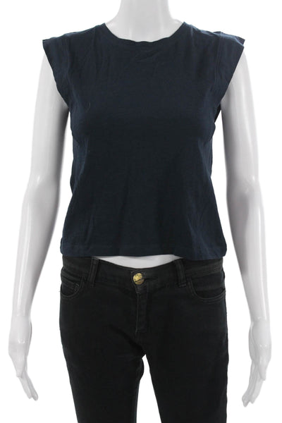 MNG Women Cropped Basic T-Shirt Dark Blue Sleeveless Crew Neck Cotton Size XS