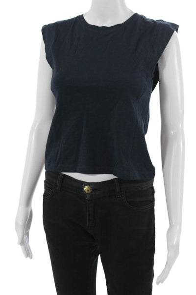 MNG Women Cropped Basic T-Shirt Dark Blue Sleeveless Crew Neck Cotton Size XS