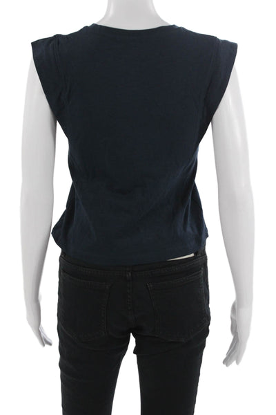 MNG Women Cropped Basic T-Shirt Dark Blue Sleeveless Crew Neck Cotton Size XS