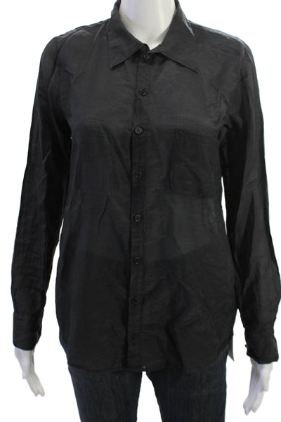 CP Shades Womens Black Cotton Silk Collared Button-Up Long Sleeve Top Size S