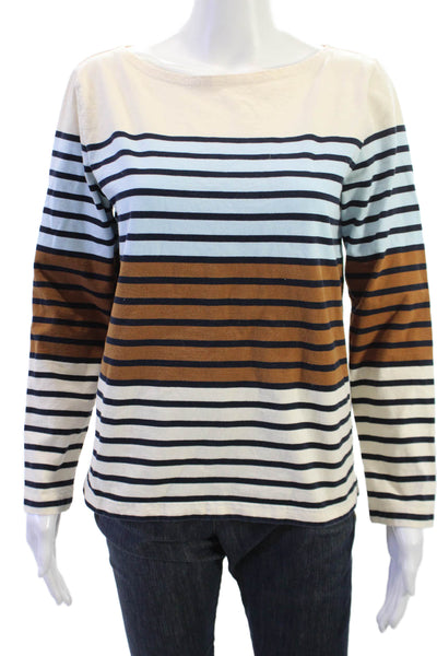 J Crew Womens Striped Beige Cotton Long Sleeve Basic T-Shirt Round Neck Size M