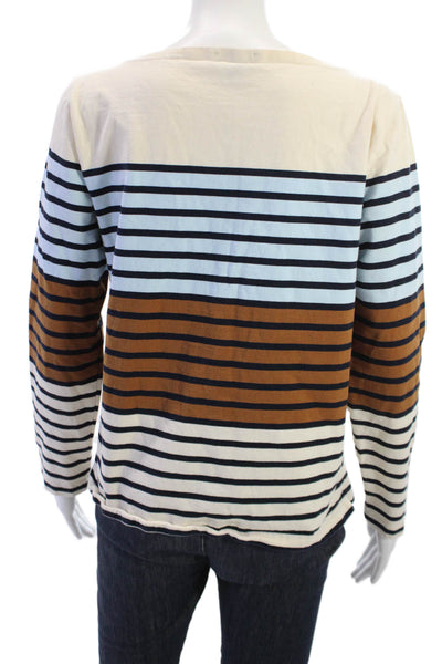 J Crew Womens Striped Beige Cotton Long Sleeve Basic T-Shirt Round Neck Size M