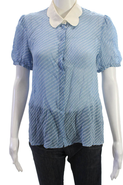 Claudie Pierlot Women Lt Blue Polka Dot Button Up Blouse Short Sleeve Size 36