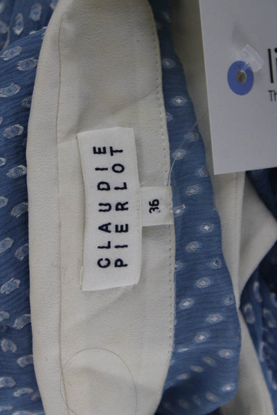 Claudie Pierlot Women Lt Blue Polka Dot Button Up Blouse Short Sleeve Size 36