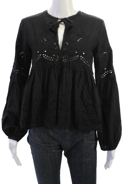 Misa Womens Bohemian Black Cotton Long Sleeve Blouse Tie Neck Size XS