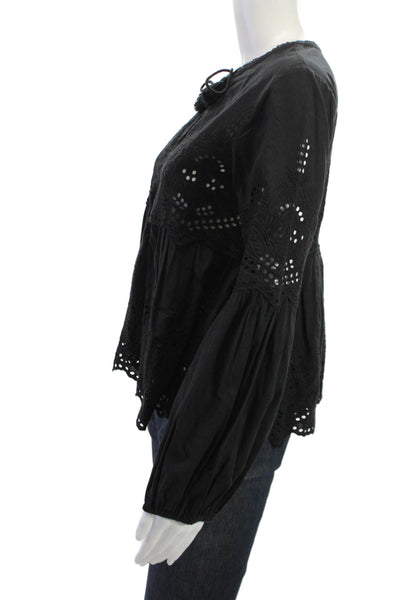 Misa Womens Bohemian Black Cotton Long Sleeve Blouse Tie Neck Size XS