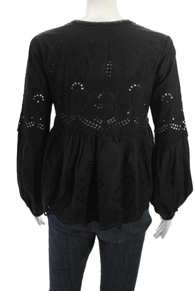Misa Womens Bohemian Black Cotton Long Sleeve Blouse Tie Neck Size XS