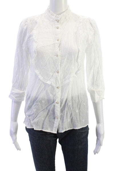 Zara Women White High Neck Button-Up Blouse 3/4 Sleeve Size XS