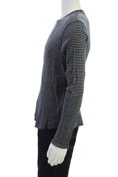 Vince Mens Dark Blue Striped Long Sleeve Crew Neck Tee Cotton Spandex Size M