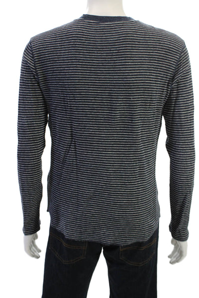 Vince Mens Dark Blue Striped Long Sleeve Crew Neck Tee Cotton Spandex Size M