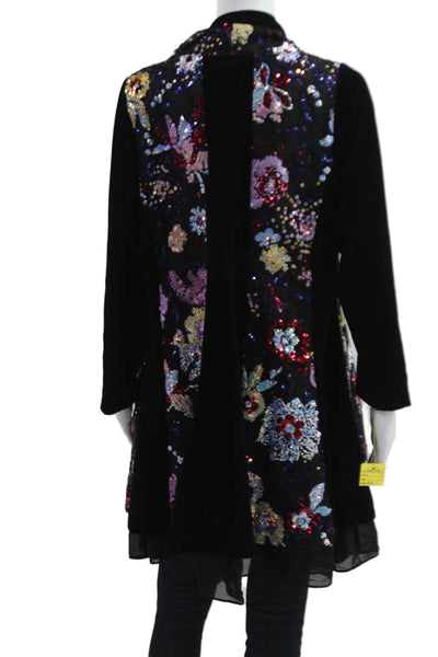 Aris A. Womens Black Floral Bohemian Long Sleeve Coat Size S