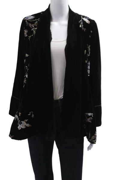 Aris A. Womens Black Floral Bohemian Polyester Long Sleeve Jacket Size L