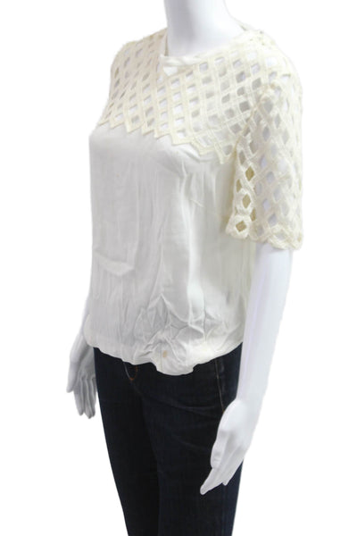 Sandro Paris Women Beige Geometric Crew Neck Short Sleeve Blouse Size XS