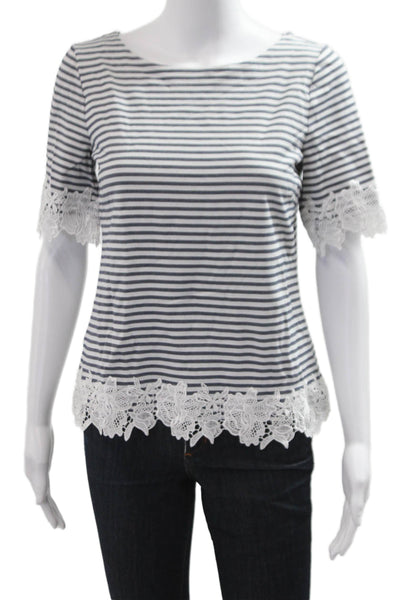 Three Dots Women Basic Striped Dark Blue Short Sleeve Round Neck T-Shirt Size S