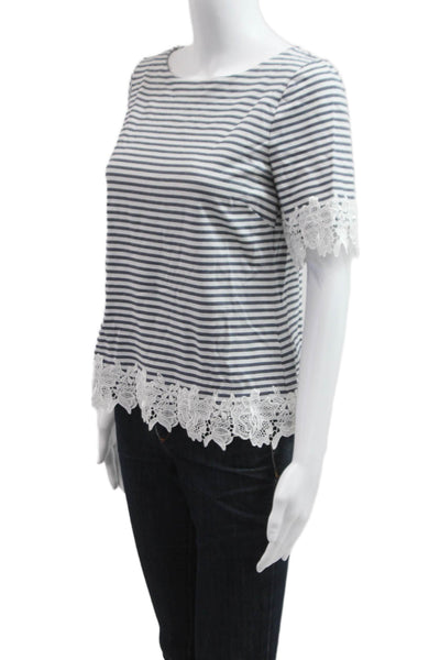 Three Dots Women Basic Striped Dark Blue Short Sleeve Round Neck T-Shirt Size S