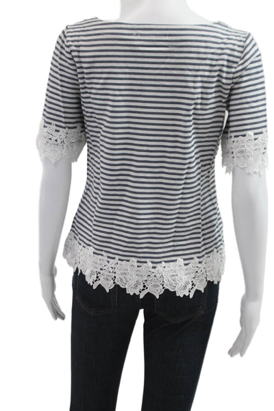 Three Dots Women Basic Striped Dark Blue Short Sleeve Round Neck T-Shirt Size S