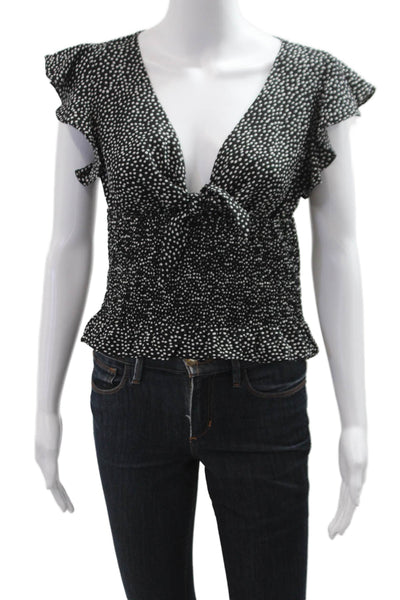 Gab kate Women Cropped Blouse Black Polka Dot V-Neck Tie Short Sleeve Size S