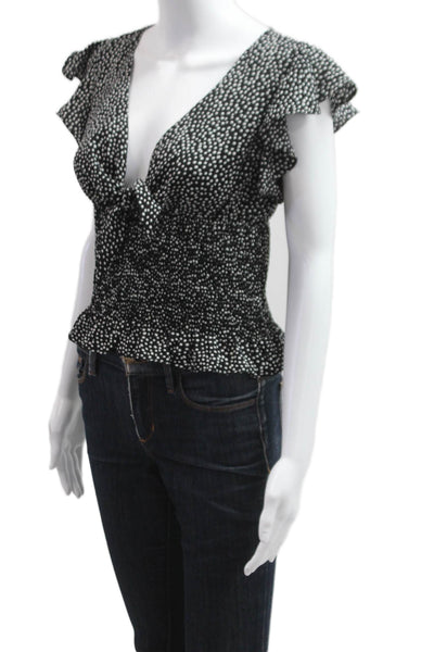 Gab kate Women Cropped Blouse Black Polka Dot V-Neck Tie Short Sleeve Size S