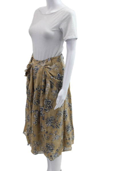 Zara Women A-Line Pleated Skirt Beige Floral Cotton Long Size XS