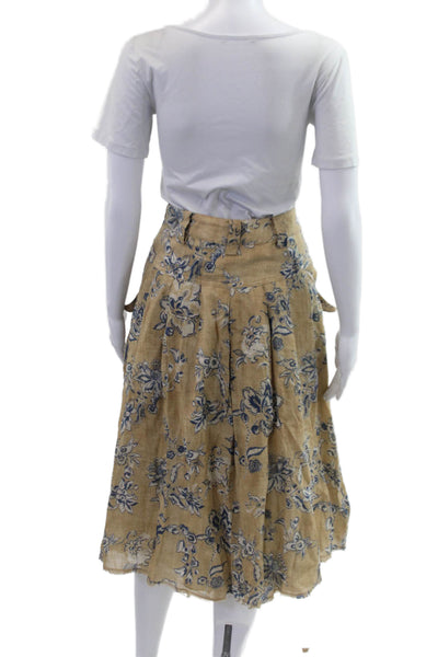 Zara Women A-Line Pleated Skirt Beige Floral Cotton Long Size XS
