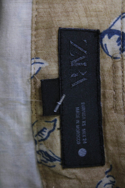 Zara Women A-Line Pleated Skirt Beige Floral Cotton Long Size XS