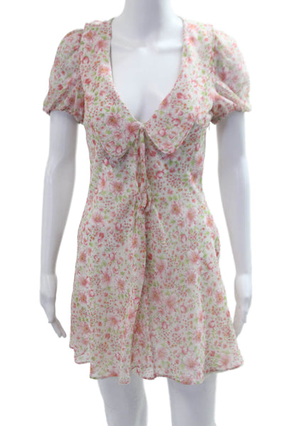 Zara Womens Pink Floral V Neck Mini Sundress Short Sleeve Size XS